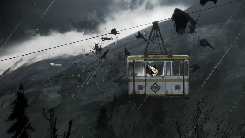 A cable car hangs beneath a stormy sky as birds circle overhead