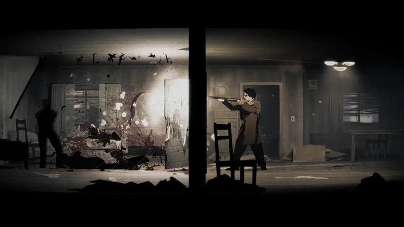 An armed character fires across a dim room toward a creature amid a burst of debris