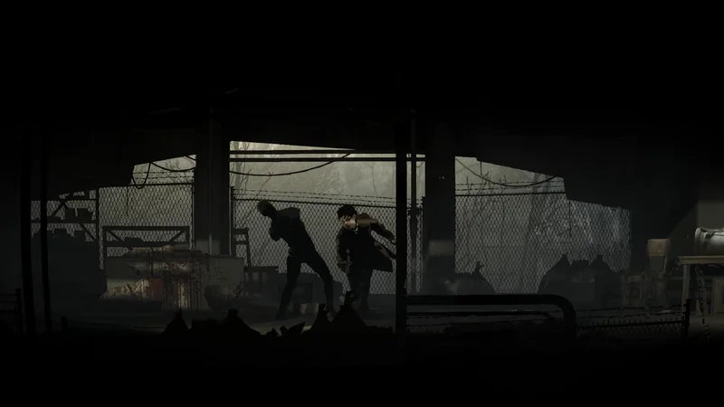 Two figures move through a dim enclosed yard beneath hanging cables