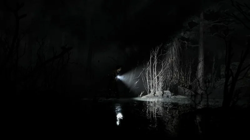 A character shines a flashlight toward pale branches beside a dark body of water