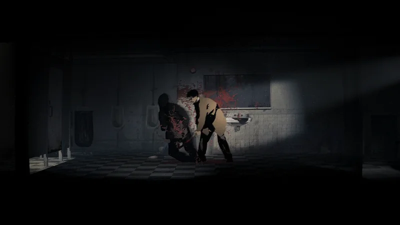 A character confronts a bloodied creature in a dark tiled room