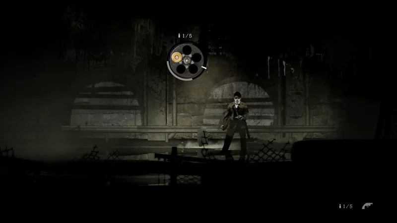 A character stands beside a staircase while a circular weapon-selection interface is open