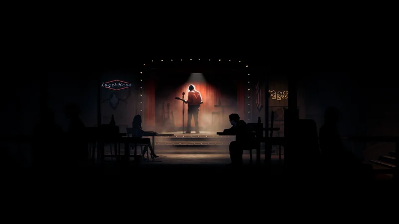 A performer stands under a warm spotlight on a small stage while figures sit in the dark foreground