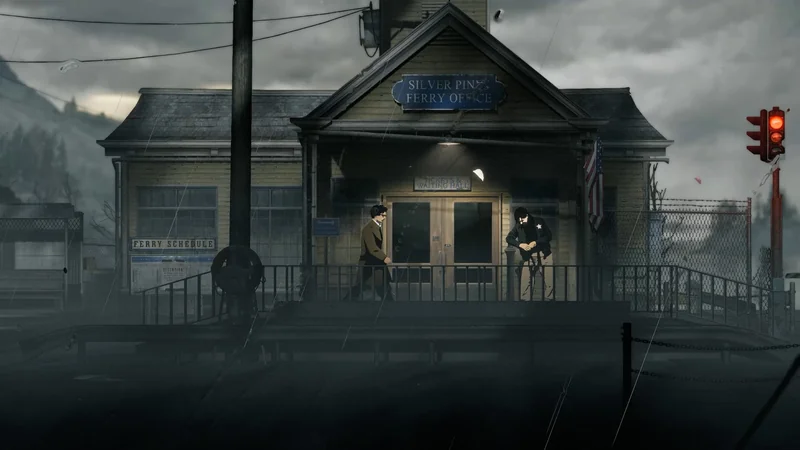 A man stands outside a wooden museum building on a grey Silver Pines street
